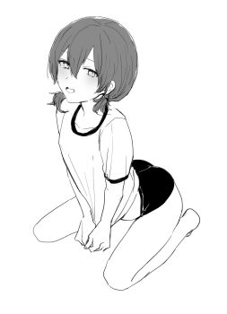1boy :d ass bare_legs barefoot blush buruma clothes_lift collarbone commentary_request crew_neck crossdressing crossdressing_(mtf) dot_nose from_above full_body gym_shirt gym_uniform hair_between_eyes highres looking_at_viewer looking_up low_twintailed_boy_(sunaba_(nczd5875)) low_twintails male_focus medium_hair monochrome open_mouth original partial_commentary shirt shirt_lift short_sleeves simple_background sitting sketch smile solo sunaba_(nczd5875) trap twintails wariza white_background