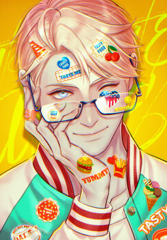 1boy absurdres ahoge america_(hetalia) american_flag aqua_jacket axis_powers_hetalia black-framed_eyewear blonde_hair blue_eyes buttons closed_mouth collarbone commentary fingernails glasses hand_on_own_face hand_up heart heart_sticker highres jacket letterman_jacket lips long_sleeves looking_at_viewer male_focus npyon one_eye_closed open_clothes open_jacket puffy_long_sleeves puffy_sleeves semi-rimless_eyewear shadow shirt short_hair smile solo sticker sticker_on_clothes sticker_on_face symbol-only_commentary t-shirt text_background two-sided_fabric two-sided_jacket upper_body white_jacket white_shirt yellow_background