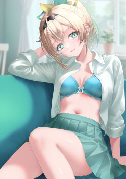 1girl :3 absurdres aqua_eyes aqua_skirt arm_up black_hairband blonde_hair blue_bra bra breasts cleavage closed_mouth collared_shirt couch dress_shirt hairband highres hololive indoors kazama_iroha long_hair long_sleeves looking_at_viewer medium_breasts miniskirt nanaki24 navel on_couch open_clothes open_shirt plant pleated_skirt ponytail potted_plant shirt sitting skirt smile solo unbuttoned unbuttoned_shirt underwear virtual_youtuber