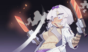 1girl arm_tattoo bow breasts cocomayo29_(tomato) commentary convenient_censoring dual_wielding fang fighting hair_bow highres holding kira_(project_moon) limbus_company project_moon purple_eyes scar scar_on_stomach short_hair sword tattoo weapon white_hair