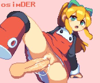 1boy 1girl animated animated_gif artist_name bar_censor blonde_hair boots censored commentary_request disembodied_penis dress flat_chest green_eyes hetero loli long_hair long_sleeves mega_man_(classic) mega_man_(series) no_panties open_mouth osimder penis pixel_art ponytail pussy pussy_juice red_dress roll_(mega_man) sex vaginal