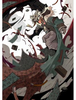 1boy aqua_coat black_shirt cable closed_mouth coat full_body gachiakuta grey_pants highres hood hood_down hooded_coat keycap looking_at_viewer marumarks multicolored_coat pants red_eyes rudo_surebrec shirt smoke solo white_hair wolf_hat