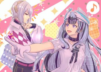 belt blunt_bangs dragon dragon_boy dragon_girl dress feathers fire_emblem fire_emblem_engage gloves hair_ornament highres jacket jewelry long_hair looking_at_viewer medium_hair musical_note necklace nekoyashiki_08 nintendo pendant pointing purple_eyes rafal_(fire_emblem) red_eyes ribbon ring smile star_(symbol) veyle_(fire_emblem) white_dress white_jacket