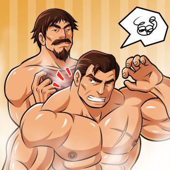 2boys abs bara broad_shoulders brown_hair commentary_request cross_scar facial_hair goatee implied_nudity kusanagi_saishu male_focus multiple_boys muscular muscular_male mustache nipples notice_lines one_eye_closed pectorals sauna scar scar_on_pecs short_hair smirk speech_bubble spoken_squiggle squiggle takuma_sakazaki teeth the_king_of_fighters zelo-lee