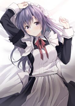 1boy antenna_hair apron arm_up back_bow bed_sheet black_hair black_shirt black_skirt blush bow commentary cowboy_shot dutch_angle hair_between_eyes hair_bow hair_spread_out hand_up highres juliet_sleeves kokura_asahi long_hair long_sleeves looking_at_viewer lying maid_apron neck_ribbon on_back ookura_yuusei parted_lips puffy_sleeves purple_eyes red_ribbon ribbon shirt sidelighting skirt solo takepoison trap tsuki_ni_yorisou_otome_no_sahou white_apron white_bow