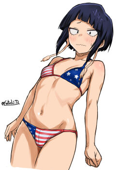 Rule 34 | 1girl, american flag, american flag bikini, american flag print, armpit crease, arms at sides, audio jack, bare shoulders, bikini, black hair, blunt bangs, blush, boku no hero academia, breasts, closed mouth, collarbone, earplugs, flag print, flag print bikini, highres, jiro kyoka, long earlobes, looking at viewer, navel, print bikini, print swimsuit, satoshi donald, short hair, simple background, small breasts, solo, stomach, striped bikini, striped clothes, swimsuit, thighs, white background