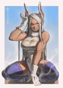 1girl animal_ears artist_name bare_shoulders between_legs boku_no_hero_academia border breasts commentary crescent_print dark-skinned_female dark_skin fur-trimmed_collar fur_collar fur_trim gloves grin hand_between_own_legs hand_up heattech_leotard highleg highleg_leotard highres large_breasts leotard long_eyelashes long_hair looking_at_viewer mirko parted_bangs purple_thighhighs rabbit_ears rabbit_girl rabbit_pose red_eyes shitakara4 sleeveless sleeveless_turtleneck smile solo spread_legs squatting taut_leotard thick_thighs thighhighs thighs toned toned_female turtleneck twitter_username very_long_hair white_border white_gloves white_hair white_leotard