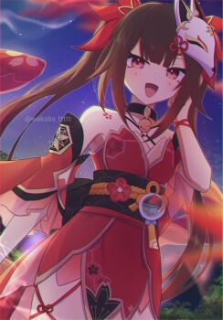 0roshioji3ran 1girl :d bare_shoulders bell black_choker black_sash brown_hair butterfly-shaped_pupils choker circle_facial_mark commentary_request cowboy_shot criss-cross_halter detached_sleeves dress flower_tattoo fox_mask gloves halterneck hand_up honkai:_star_rail honkai_(series) long_hair looking_at_viewer mark_under_both_eyes mask mask_on_head neck_bell open_mouth outdoors pink_eyes red_dress red_sleeves sash single_glove smile solo sparkle_(honkai:_star_rail) symbol-shaped_pupils tattoo twintails twitter_username watermark