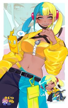 1girl ;o aqua_hair bandeau black_hair black_pants blonde_hair blue_pants blush breasts canari_(pokemon) chibi commentary dark-skinned_female dark_skin eelektross english_commentary gen_4_pokemon gen_5_pokemon heart highres jacket looking_at_viewer mask mask_pull medium_breasts medium_hair midriff mouth_mask multicolored_hair navel nintendo octoboo one_eye_closed open_mouth pants pokemon pokemon_(creature) pokemon_legends:_z-a rotom rotom_phone smile solo spoken_heart teeth two-tone_mask two-tone_pants upper_teeth_only yellow_bandeau yellow_eyes yellow_jacket zoom_layer