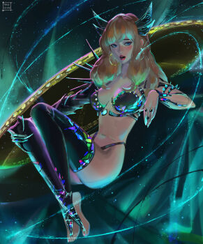 1girl armor blonde_hair blue_eyes bra breasts claws cleavage commentary earrings english_commentary highres jewelry long_hair looking_at_viewer magik_(x-men) marvel marvel_rivals navel paid_reward_available shorts solo tatti_art underwear variant_set x-men