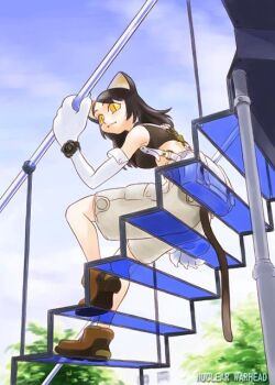 1girl animal_ears animal_hands archived_source bad_link bare_shoulders black_hair black_shirt black_tail black_tank_top blue_sky breasts brown_shoes bush cat cat_ears cat_girl cat_tail closed_mouth crop_top day elbow_gloves english_text fangs full_body gloves grey_shorts hand_on_railing hirai_yukio long_hair medium_breasts midriff original outdoors paw_gloves perspective railing shirt shoes shorts sitting sitting_on_stairs sky slit_pupils solo stairs straight_hair tail tank_top watch white_gloves wristwatch yellow_eyes