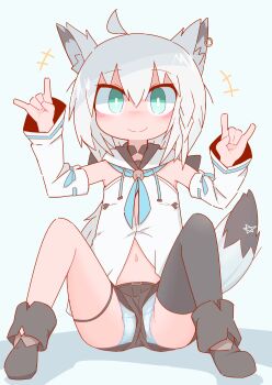 Rule 34 | 1girl, ahoge, animal ears, black shorts, blue neckerchief, boots, detached sleeves, ear piercing, female focus, fox ears, fox girl, fox tail, hololive, hood, hood down, hooded vest, hoodie, klu (kantol), looking at viewer, navel, neckerchief, panties, pantyshot, piercing, shirakami fubuki, shirakami fubuki (1st costume), shorts, simple background, single thighhigh, sitting, smile, solo, spread legs, tail, thighhighs, underwear, upshorts, vest, white hair, white panties, white sleeves, white vest