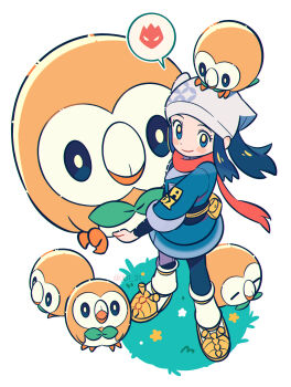 1girl akari_(pokemon) alpha_pokemon black_hair black_sash black_shirt blue_eyes blush_stickers chueog closed_mouth eyelashes gen_7_pokemon headscarf highres holding holding_pokemon jacket logo long_hair nintendo on_head pantyhose pokemon pokemon_(creature) pokemon_legends:_arceus pokemon_on_head rowlet sash scarf shirt shoes sidelocks skirt smile socks spoken_symbol standing white_socks yellow_shoes