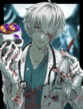 1boy 50daneeeeee absurdres antenna_hair black_border blood blood_on_clothes blood_on_gloves blue_shirt border breast_pocket candy coat food gloves hair_over_one_eye halloween hashtag-only_commentary highres holding holding_skull holding_syringe lab_coat long_hair looking_at_viewer male_focus name_tag object_in_pocket outside_border pen_in_pocket pocket punishing:_gray_raven shirt short_hair skull solo stethoscope stethoscope_around_neck stitched_face stitches syringe upper_body wanshi_(pgr) white_coat white_gloves white_hair yellow_eyes