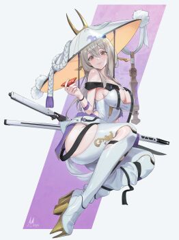1girl absurdres alcohol arm_guards armored_bodysuit belt blush bodysuit breasts cleavage closed_mouth clothing_cutout commentary cup full_body goddess_of_victory:_nikke gold_shoes grey_background grey_hair hair_between_eyes hair_ornament hair_stick hat high_heels highres hip_vent holding holding_cup jingasa katana large_breasts large_hat leg_cutout long_hair looking_at_viewer maya_(m4yatic) orange_eyes purple_background rope sakazuki scabbard scarlet_(nikke) sheath sheathed shoes signature simple_background smile solo sword sword_on_back two-tone_background weapon weapon_on_back white_belt white_bodysuit white_hat