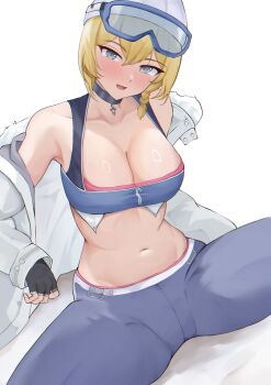 1girl :d absurdres beanie blonde_hair blue_eyes blue_pants blue_sports_bra breasts cleavage commentary commission english_commentary fiftya girls&#039;_frontline girls&#039;_frontline_2:_exilium goggles goggles_on_head hat highres large_breasts long_hair looking_at_viewer mosin-nagant_(girls&#039;_frontline) mosin-nagant_(girls&#039;_frontline_2) mosin-nagant_(siberian_slide)_(girls&#039;_frontline_2) navel official_alternate_costume open_mouth pants smile solo sports_bra spread_legs white_background