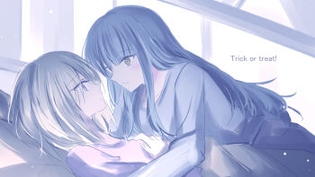 2girls 55ddee bang_dream! bang_dream!_it&#039;s_mygo!!!!! blonde_hair blue_hair blue_shirt blush closed_mouth english_text eye_contact hair_down halloween light_particles long_hair looking_at_another misumi_uika multiple_girls parted_lips purple_eyes purple_shirt shirt smile togawa_sakiko yuri