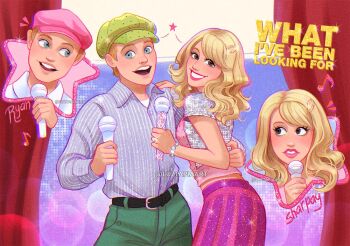 1boy 1girl artist_name blonde_hair blue_eyes brother_and_sister brown_eyes character_name collared_shirt english_text green_hat green_pants grey_shirt hat high_school_musical luztapiaart microphone multiple_views open_clothes open_mouth pants pink_hat pink_skirt ryan_evans sharpay_evans shirt siblings skirt watermark