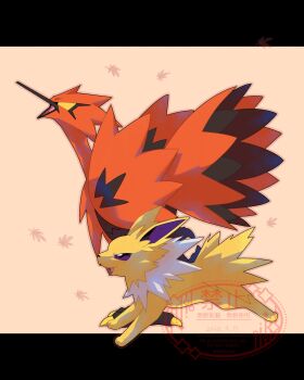 animal_focus beak bird chocota_(spchocota) colored_sclera fangs full_body galarian_form galarian_zapdos gen_1_pokemon gen_8_pokemon highres jolteon legendary_pokemon neck_fur nintendo no_humans open_mouth orange_feathers pokemon pokemon_(creature) pokemon_focus purple_eyes smile tail talons wings yellow_eyes yellow_fur yellow_sclera