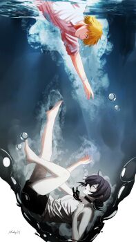 1boy 1girl barefoot black_hair black_ribbon black_shorts blonde_hair chainsaw_man denji_(chainsaw_man) hair_bun highres mccheese neck_ribbon reaching reaching_towards_another reze_(chainsaw_man) ribbon shirt short_hair shorts sleeveless sleeveless_shirt submerged water white_shirt