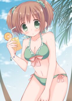 1girl :o bare_shoulders bikini blue_sky blush bracelet breasts brown_hair cleavage cloud collarbone commentary_request cowboy_shot cup day drinking_glass drinking_straw food frilled_bikini frills fruit green_bikini green_eyes green_scrunchie hair_ornament hair_scrunchie highres holding holding_cup ice ice_cube jewelry leaning_forward looking_at_viewer medium_breasts momoniku_(taretare-13) navel orange_(fruit) orange_slice original outdoors palm_tree parted_lips scrunchie short_hair short_twintails sky solo standing swimsuit top_of_moe_2014 tree twintails