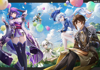 absurdres ascot balloon black_ascot black_hair bloomers blue_ascot blue_eyes blue_gemstone blue_hair blue_headwear braid breasts bridal_gauntlets brown_hair cape cloud cloudy_sky collared_cape cross-shaped_pupils dress drop-shaped_pupils earrings eyeliner eyeshadow flower formal_clothes furina_(genshin_impact) gem genshin_impact gloves gradient_hair grass green_cape green_eyes green_headwear green_shorts hair_between_eyes hair_ornament hat heterochromia highres instrument jacket japanese_clothes jewelry kimono large_breasts leaf_hair_ornament light_blue_hair long_hair long_sleeves looking_at_viewer low-braided_long_hair low-tied_long_hair lyre makeup mismatched_pupils mole mole_under_eye multicolored_hair multiple_girls nahida_(genshin_impact) necktie obiage obijime open_mouth pointy_ears ponytail purple_eyes purple_flower purple_hair purple_kimono raiden_shogun red_eyeshadow shorts side_braids side_ponytail sidelocks single_earring sitting sky smile suit symbol-shaped_pupils tassel tassel_earrings teeth thumb_ring tongyu top_hat twin_braids underwear upper_teeth_only venti_(genshin_impact) very_long_hair white_bloomers white_dress white_gloves white_hair white_necktie white_shorts yellow_eyes zhongli_(genshin_impact)