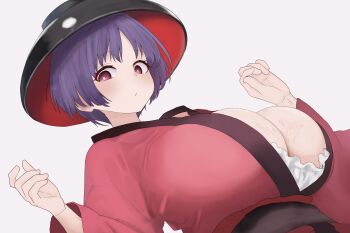 1girl alternate_breast_size_(larger) arms_up black_hat bowl bowl_hat breasts cleavage commentary_request hat highres huge_breasts japanese_clothes kimono large_breasts looking_at_viewer moriforest1040 purple_hair red_eyes red_kimono short_hair simple_background solo sukuna_shinmyoumaru touhou white_background wide_sleeves