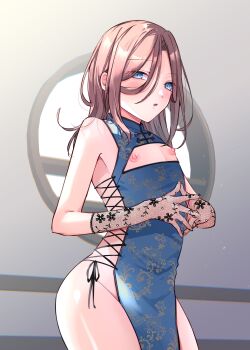 1boy absurdres ainslie_sentry blue_dress blue_eyes brown_hair china_dress chinese_clothes cleavage_cutout clothing_cutout commentary commission cowboy_shot crossdressing crossdressing_(mtf) dress english_commentary fishnet_gloves fishnets gloves highres indie_virtual_youtuber long_hair male_focus nipple_cutout nipples parted_lips pelvic_curtain second-party_source solo trap yuu-chan