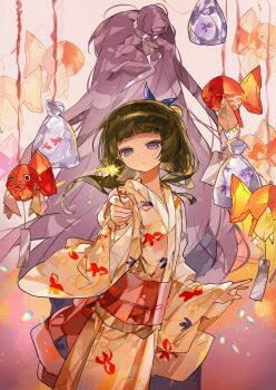 Rule 34 | 1boy, 1girl, absurdres, animal print, back-to-back, bag, bagged fish, beads, blue eyes, blue ribbon, blunt bangs, commentary, cow, fireworks, fish, fish print, flat chest, goldfish, green hair, hair beads, hair bun, hair ornament, hair ribbon, half updo, highres, holding, holding fireworks, japanese clothes, jinshi (kusuriya no hitorigoto), kamikiasu, kimono, kusuriya no hitorigoto, long hair, maomao (kusuriya no hitorigoto), print kimono, purple hair, ribbon, sparkler, symbol-only commentary, white ribbon, wide sleeves