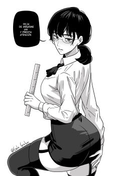 1girl absurdres artist_name ass black_hair breasts chainsaw_man collared_shirt garter_straps glasses gratam greyscale hand_on_own_ass highres holding_ruler long_hair long_sleeves looking_at_viewer miniskirt mitaka_asa monochrome parted_lips ruler shirt simple_background skirt solo spanish_commentary spanish_text speech_bubble thighhighs translated twitter_username white_background