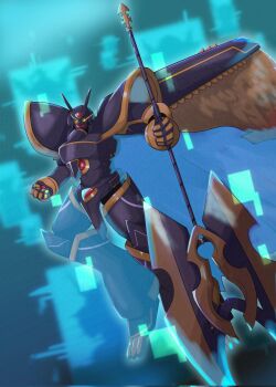 Rule 34 | alphamon, alphamon ouryuuken, armor, black armor, black helmet, blue background, crawise28, digimon, digimon (creature), feathered wings, forehead jewel, full body, glowing, glowing eyes, helmet, highres, knight, wings, yellow eyes