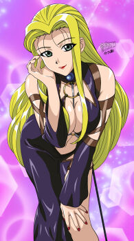 1girl bodysuit detached_sleeves green_eyes hair_behind_ear hand_on_own_knee head_tilt highres jura_basil_elden leaning_forward long_hair looking_at_viewer nail_polish parted_hair popgun_(22882502) purple_bodysuit red_lips red_nails smile solo vandread very_long_hair