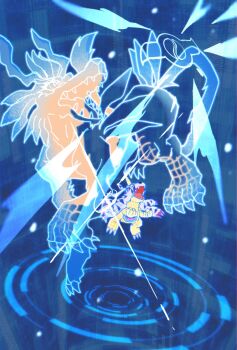 Rule 34 | blue fur, clenched hands, digimon, digimon (creature), digimon adventure, digimon adventure: (2020), evolutionary line, full body, gabumon, garurumon, henshin, highres, horns, lizard, megane mochi, no humans, single horn, wide shot, wolf