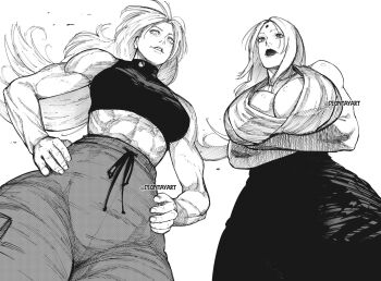 2girls abs alternate_muscle_size arms_under_breasts artist_name biceps breasts cleavage crossed_arms deontayart facial_mark forehead_mark hands_on_own_hips hashtag-only_commentary high-waist_pants highres huge_breasts japanese_clothes jujutsu_kaisen lips long_hair mature_female monochrome multiple_girls muscular muscular_female naruto_(classic) naruto_(series) pants standing tsukumo_yuki_(jujutsu_kaisen) tsunade_(naruto)