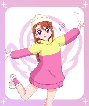 1girl :o ? absurdres aged_down anime_coloring artist_name bare_legs beanie blood border closed_mouth commentary cowboy_shot fingernails four-pointed_star furrowed_brow gradient_border hair_between_eyes hat highres hijiri_ageha hirogaru_sky!_precure hood hood_down hoodie leg_up light_blush loli long_hair long_sleeves looking_at_viewer menstrual_blood multicolored_hoodie open_mouth orange_hair outline outside_border outstretched_arms pink_border pink_hoodie pink_socks precure purple_eyes sakuragawa3710 shoes socks solo split_mouth spread_arms standing standing_on_one_leg star_(symbol) star_border swept_bangs tearing_up teeth two-tone_hoodie upper_teeth_only white_background white_hat white_outline white_shoes yellow_hoodie