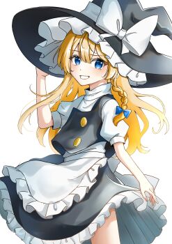 1girl absurdres apron black_hat black_skirt black_vest blonde_hair blue_bow blue_eyes blush bow braid commentary frilled_skirt frills grin hair_bow hat hat_bow highres kirisame_marisa looking_at_viewer puffy_short_sleeves puffy_sleeves short_sleeves side_braid simple_background single_braid skirt smile solo temmie_(temi_maru) touhou vest waist_apron white_apron white_background white_bow witch_hat