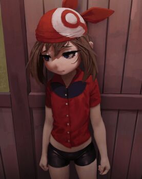 1boy 1girl against_wall aged_down animated animated_gif bandana bike_shorts black_bra black_shorts blue_eyes blush bra breasts brown_hair closed_mouth cowboy_shot fiz-rot flat_chest loli looking_to_the_side may_(pokemon) medium_hair navel nintendo pokemon pokemon_rse pov pov_hands red_shirt shirt short_sleeves shorts small_breasts solo_focus standing underwear undressing wooden_wall