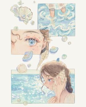 Rule 34 | blue eyes, braid, braided ponytail, brown hair, carrie (carriedraw), dress, highres, holding seashell, multiple views, original, ponytail, seashell, shell, short ponytail, solo, starfish, sundress, water, water drop, white dress