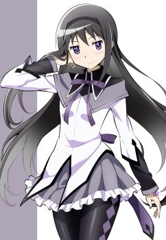 Rule 34 | 1girl, absurdres, akemi homura, akemi homura (magical girl), argyle clothes, argyle pantyhose, black hair, black hairband, black pantyhose, commentary request, frilled skirt, frills, hairband, hand in own hair, highres, long hair, looking at viewer, magical girl, mahou shoujo madoka magica, mahou shoujo madoka magica (anime), neck ribbon, pantyhose, purple eyes, purple ribbon, purple skirt, ribbon, skirt, solo, soul gem, tabikuroneko