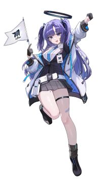 1girl absurdres arm_up black_gloves black_shoes black_skirt black_socks blue_archive blue_necktie collared_shirt full_body gloves half_gloves halo highres jacket kkato long_hair long_sleeves looking_at_viewer necktie open_mouth purple_hair school_uniform shirt shoes skirt smile socks solo standing standing_on_one_leg thigh_strap two_side_up white_jacket white_shirt yuuka_(blue_archive)