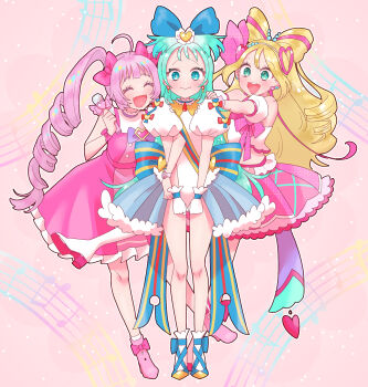 Rule 34 | 3girls, :d, ahoge, aozora himari, aqua eyes, aqua hair, blonde hair, bow, bow-shaped hair, circle skirt, coattails, crossover, cure idol, detached sleeves, dress, gloves, hair bow, hair ornament, hand on another's shoulder, heart, heart hair ornament, highres, himitsu no aipri, holding, holding wand, kimi to idol precure, locked arms, long hair, magical girl, mario (198609044), midriff, multicolored hair, multiple girls, musical staff, navel, open mouth, pink background, pink dress, pink hair, pink skirt, precure, pretty series, princess ripple, princession orchestra, puffy short sleeves, puffy sleeves, sakura uta (precure), season connection, shoes, short bangs, short sleeves, skirt, sleeveless, sleeveless dress, smile, sorano minamo, two-tone hair, two side up, wand, white gloves, wrist cuffs