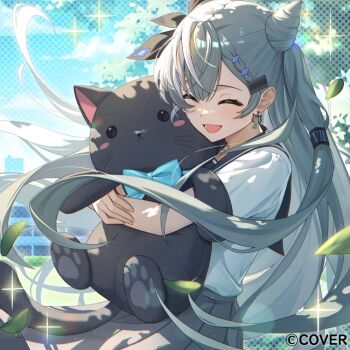 1girl ^_^ album_cover black_ribbon black_sailor_collar braid braided_bangs closed_eyes commentary cone_hair_bun copyright_notice cover day double_bun earrings english_commentary falling_leaves grey_hair grey_skirt hair_bun hair_ornament hair_ribbon hairclip holding holding_stuffed_toy hololive hololive_indonesia jewelry leaf long_hair miniskirt official_art one_side_up open_mouth outdoors pleated_skirt ribbon sailor_collar school_uniform serafuku shirt shirt_tucked_in short_sleeves skirt smile solo stuffed_animal stuffed_toy tokisaka_makoto very_long_hair vestia_zeta virtual_youtuber white_shirt