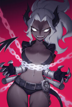 1girl :d armband bad_id bad_twitter_id belt black_gloves black_horns black_tail breasts chain clawed_gauntlets claws collarbone colored_sclera commentary cowboy_shot cropped_jacket dark-skinned_female dark_skin demon_girl demon_horns demon_tail english_commentary evil_smile female_focus gloves gradient_background grey_hair grey_sclera groin hair_intakes helltaker highres horns judgement_(helltaker) large_breasts liyart long_hair looking_at_viewer magenta_background micro_shorts navel open_mouth pentagram pink_background ponytail shorts simple_background smile solo stomach tail teeth tsurime v-shaped_eyebrows white_eyes