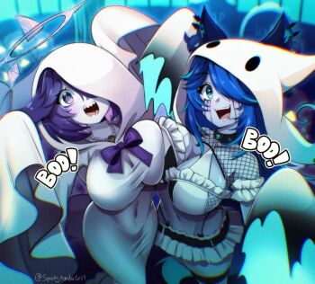 2girls blue_eyes blue_hair breasts commentary covered_navel ears_through_hood english_commentary ghost_costume hair_over_one_eye halo indie_virtual_youtuber large_breasts makeup megalodon_(vtuber) multiple_girls navel open_mouth purple_eyes purple_hair roisin runny_makeup second-party_source sharp_teeth spite_(vtuber) taut_clothes teeth twitter_username virtual_youtuber