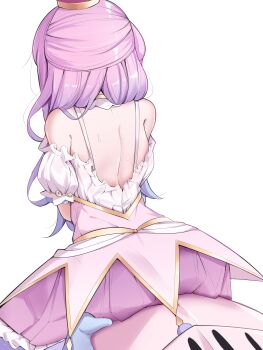 1girl absurdres backless_dress backless_outfit blue_shoes commentary_request crown dress facing_away hair_over_one_eye high_heels highres himemori_luna himemori_luna_(1st_costume) hololive kanami9731 long_hair luknight_(himemori_luna) pink_dress pink_hair shoes solo virtual_youtuber white_background