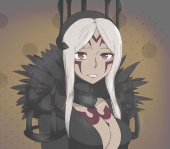 1girl aversa_(fire_emblem) bodypaint breasts cleavage dark-skinned_female dark_skin facial_mark feathers female_focus fire_emblem fire_emblem_awakening forehead_mark gradient_background grin lithety long_hair nintendo polka_dot polka_dot_background red_eyes smile solo swept_bangs tiara upper_body white_hair