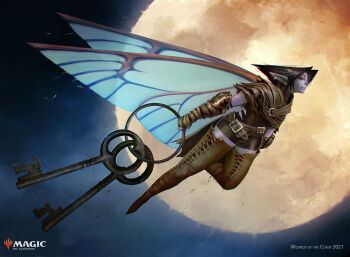 1other absurdres alexandre_chaudret bandaged_arm bandages belt boots colored_skin earrings fairy fairy_wings flying full_body hair_intakes highres jewelry key keyring magic:_the_gathering medium_hair moon pointy_ears purple_skin romper thigh_boots wings