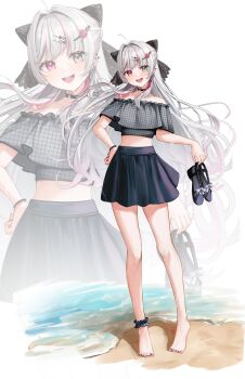 1girl :d absurdres ahoge bare_shoulders barefoot beach bikini bikini_skirt black_shoes black_skirt blush bow bracelet choker collarbone ear_piercing flip-flops frilled_bikini frills full_body grey_eyes grey_hair grey_shirt hair_bow hair_ornament hairclip hand_on_own_hip heterochromia highres holding holding_shoes holding_unworn_clothes horo_27 ishigami_nozomi jewelry lace-trimmed_bow lace_trim long_hair looking_at_viewer miniskirt multicolored_hair nijisanji off-shoulder_bikini off_shoulder open_mouth piercing pink_eyes pink_hair plaid_bikini plaid_clothes polka_dot polka_dot_bow sand sandals shirt shoes simple_background skirt smile solo spiked_choker spiked_ear_piercing spikes stomach strapless streaked_hair swimsuit unworn_shoes virtual_youtuber zoom_layer