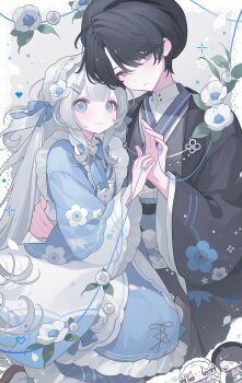 bad_source black_hair blue_eyes blush floral_print highres japanese_clothes kimono long_hair long_sleeves multiple_girls original purple_eyes very_long_hair wide_sleeves yuanyunyu_3y