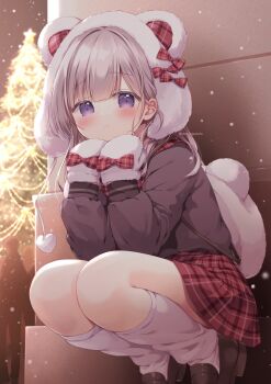 1girl bear_hat blunt_bangs blush bow brown_jacket brown_shoes christmas christmas_tree closed_mouth commentary english_commentary full_body grey_hair hands_up hat hat_bow highres jacket long_hair long_sleeves looking_at_viewer miniskirt mittens miyasaka_naco night original outdoors plaid_bow plaid_clothes plaid_skirt pleated_skirt purple_eyes red_bow red_skirt shoes skirt socks solo squatting twitter_username white_hat white_mittens white_socks